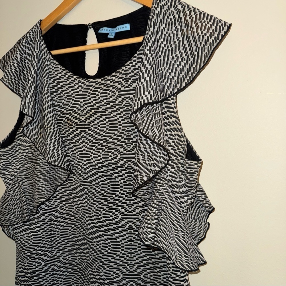 Antonio Melani Womens Black & White Flutter Ruffle Sleeve Blouse Shirt L - Picture 3 of 9